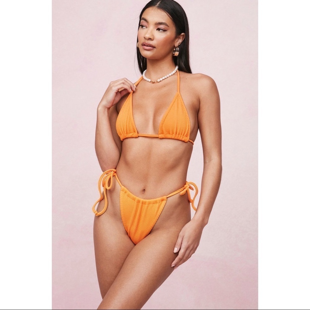 Nasty Gal Collection Orange Crinkle Ruched Triangle Halter Cheeky Bikini NEW 2